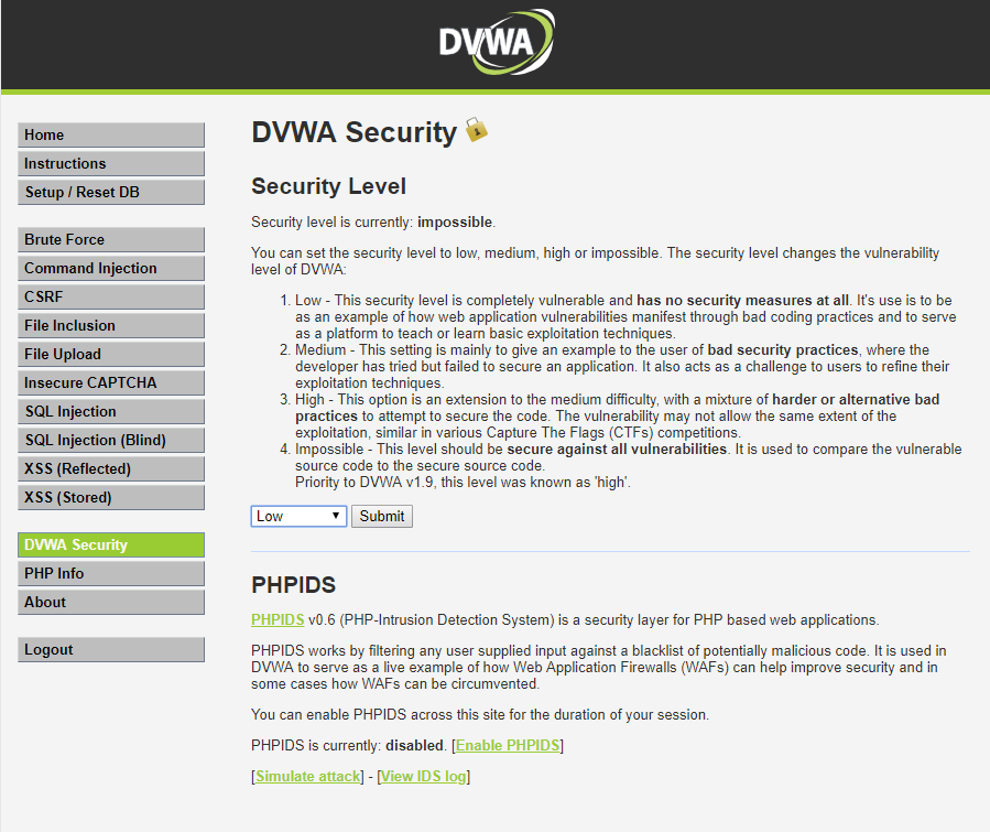 DVWA security page