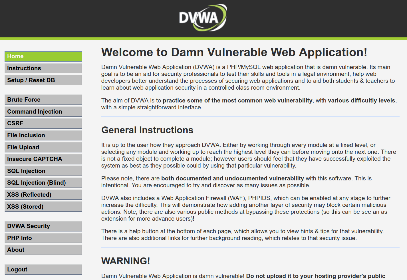 DVWA welcome page