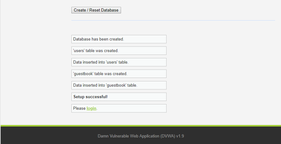 DVWS Create/Reset Database